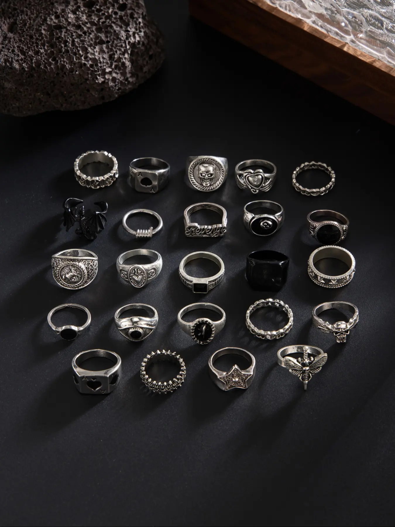 Men's Gothic Oil Drop Ring Set, Fashion Rings, 24-Piece Creative Layered Design, Street Style Y2K Fashion Jewelry for Men & Women