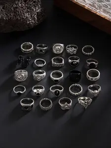 Men's Gothic Oil Drop Ring Set, 24-Piece Creative Layered Design, Street Style Y2K Fashion Jewelry for Men & Women