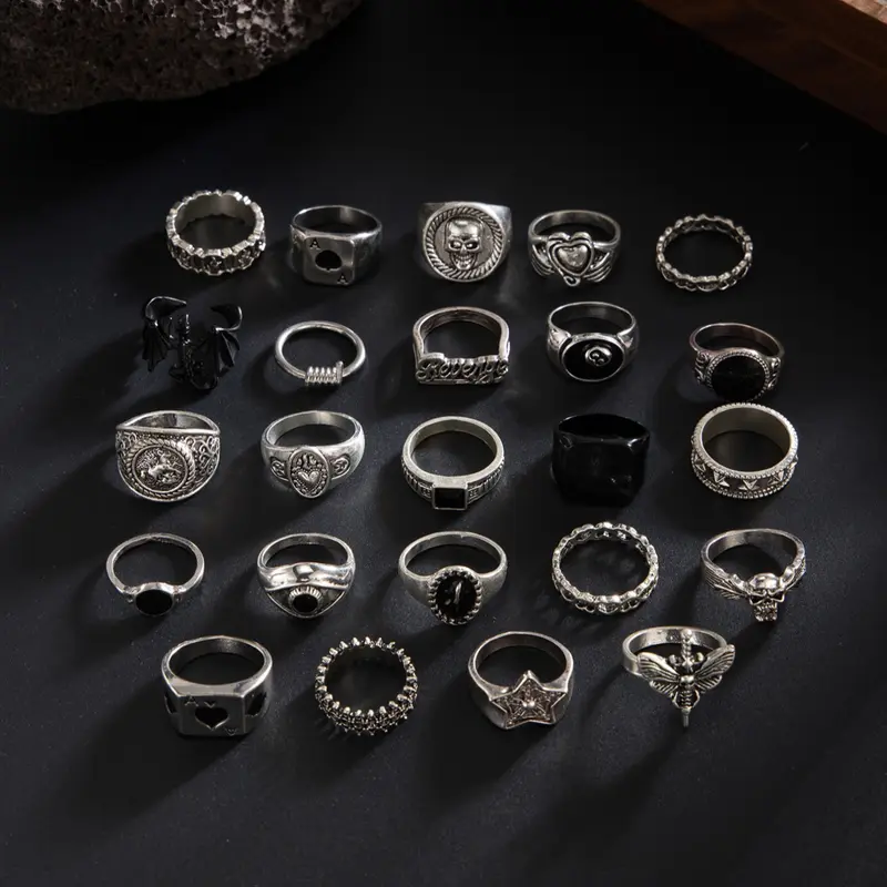 Gothic Oil Drop Ring Set, Fashion Rings, 24-Piece Creative Layered Design, Street Style Y2K Fashion Jewelry for Men & Women