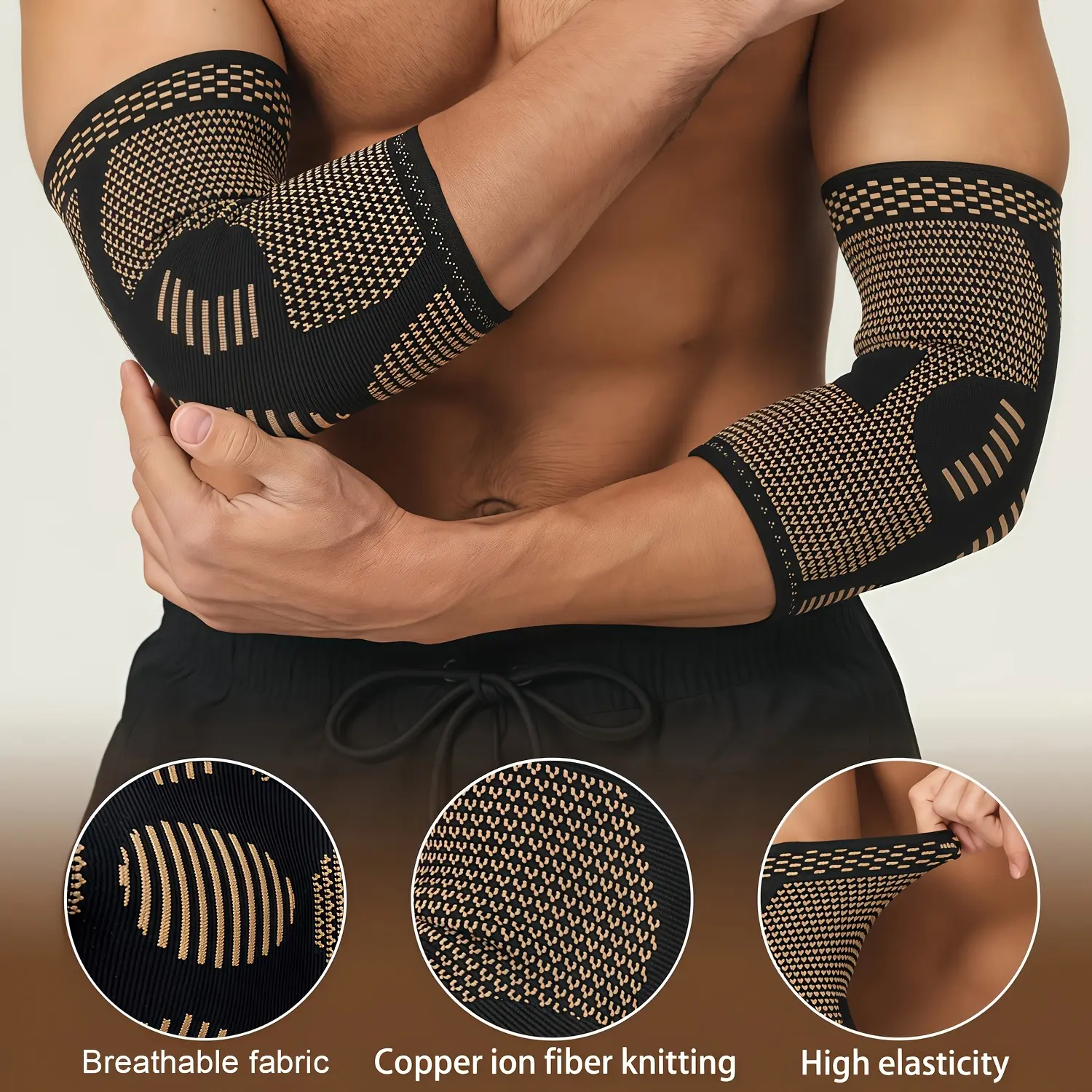 2pcs Copper Fiber Arm Elbow Compression Sleeves - 3D Woven Breathable Fabric, Copper into Nylon Arm Compression Protective Gear for Tennis Players, Weightlifting, Forearm Support for Men & Women
