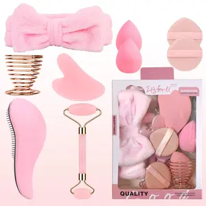 Beauty Face Care Tool Set, 9 Counts/set Portable Hair Brush & Double Roller & Makeup Sponge & Hair Band & Hair Clip & Makeup Tool Holder, Skin Care Tool Set