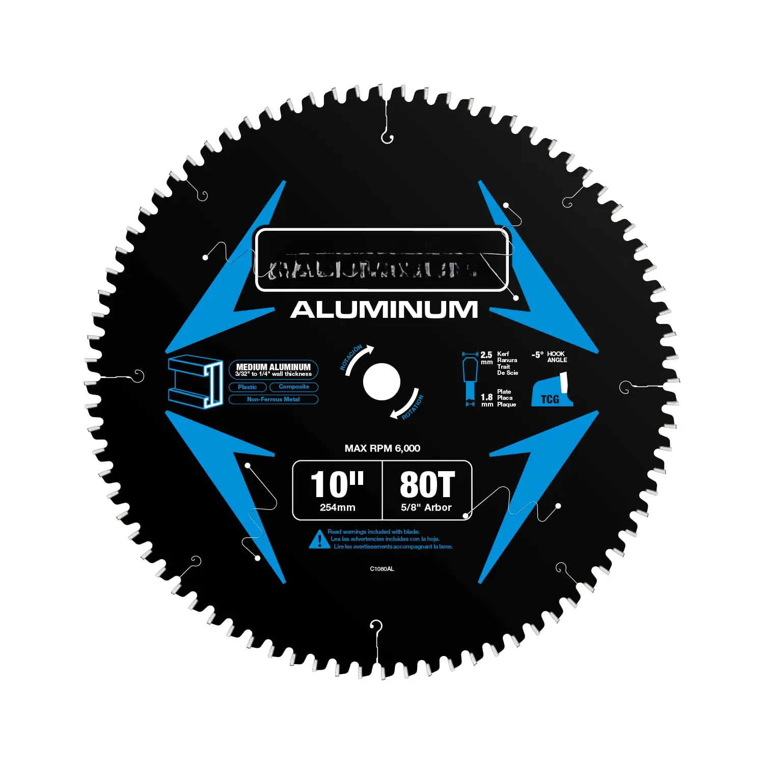 Professional Carbide Tipped Circular Saw Blade for Plastic, 10" Size, 5/8" Arbor, 80T TCT Blade, Manufacturer Warranty
