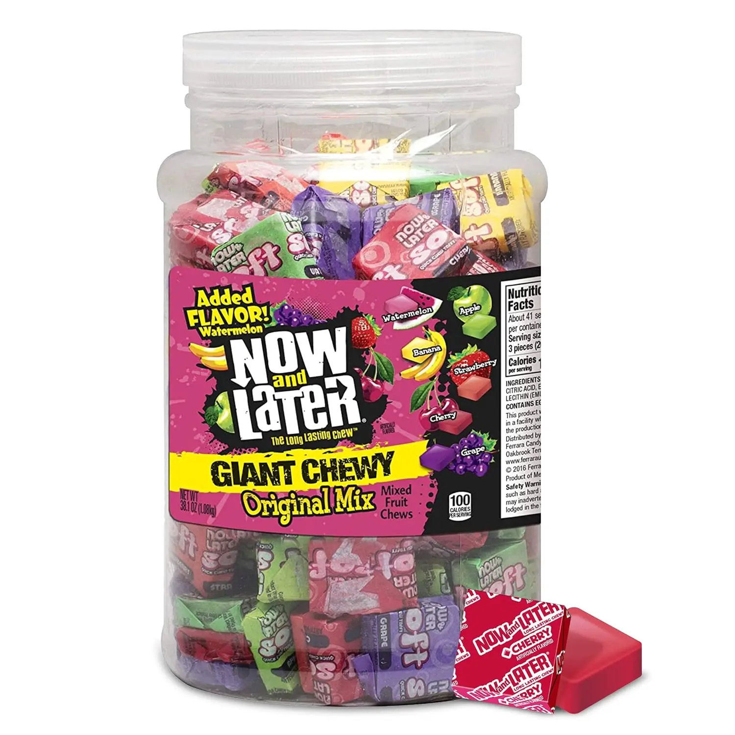 Giant Chewy Original Mix Candy, Mixed Fruit Chew Candy, 38 Ounce Tub | Chewy fruit candy, assorted flavors, giant bars, bulk tub, party bowls, sharing, on-the-go snack