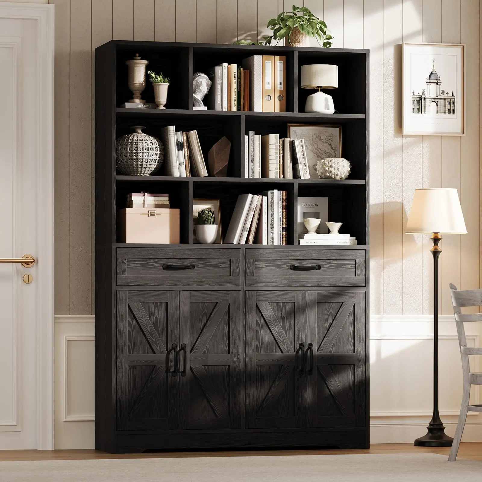 Gaomon 71in Modern Rustic Engineered Wood Bookcase, 6-Tier Large Storage Organizer with 8 Open Cubbies, 2 Drawers & 4 Doors, Living Room Office Display Cabinet, Black