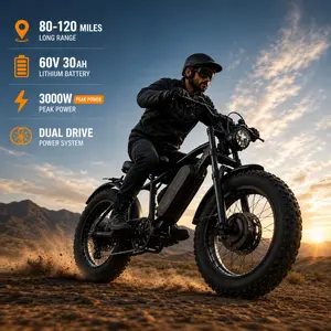 T8 Dual Drive Electric Bike 3000W Peak 80-120Miles Range 28MPH 20"×4.0 Fat Tire Off-Road Shimano 7-Speed Transmission Carbon Steel Frame  Mountain Electric Bicycle adult ebike battery