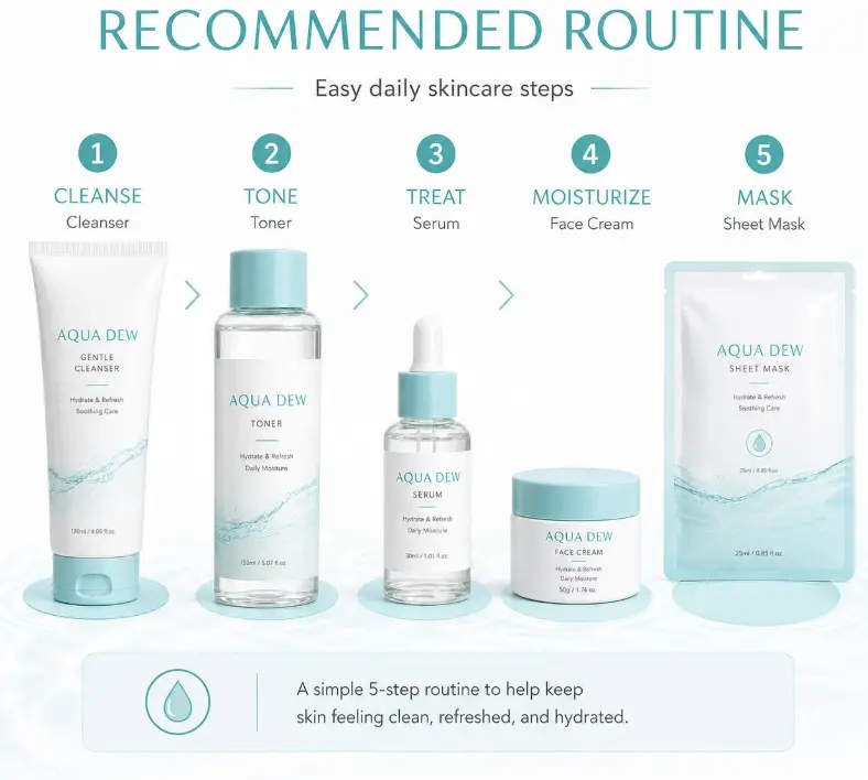 5-Piece Hydrating Skincare Set Daily Moisture Care – Cleanser, Toner, Serum, Face Cream & Sheet