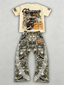 "Men's 22 Raccoon Rum Racing Graphic 2 Piece Set, Oversized Short Sleeve T-Shirt & Camo Tree Print Flared Pants Streetwear for Daily Wear and Street Style"