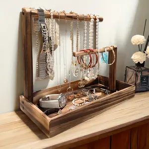 Wooden Jewelry Display Stand with Tray 1 Piece, Multi-functional Home Jewelry Organizer for Bracelets Bangles Watches Beads Necklaces, Desktop Storage Rack for Women Girls