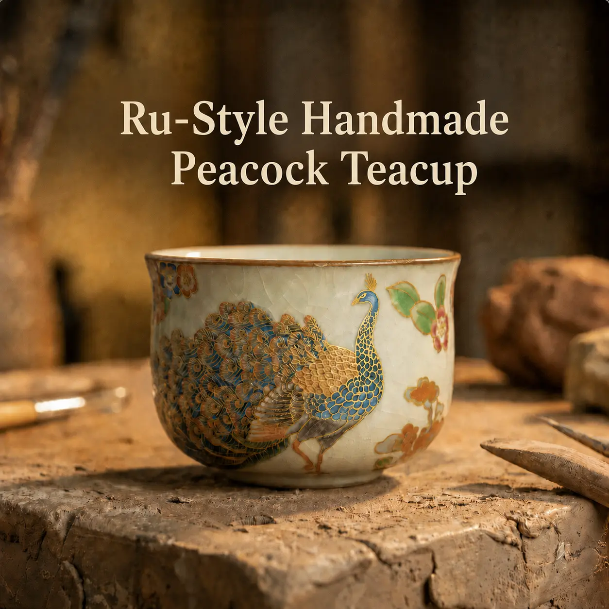 Ru-Style Handmade Peacock Porcelain Teacup