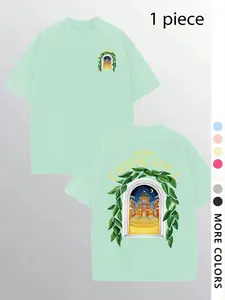 Men's Casual Loose-Fitting Short Sleeve T-Shirt with Casablanca Palace Print, Comfortable Round Neck Tee for Outdoor & Gym, Stylish Summer Essential