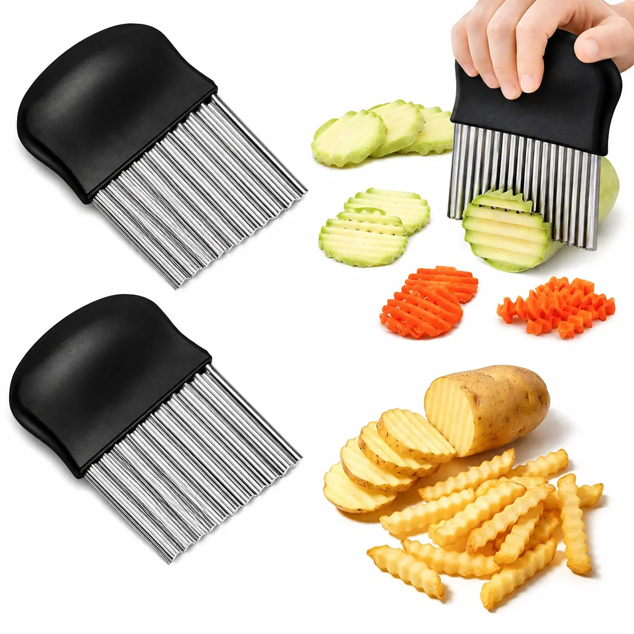 2-Piece Thick Blade Stainless Steel Handheld Potato Crinkle Cutter Set, Lightweight Wide Cut Kitchen Utensils for Fruits, Veggies & French Fries, Labor-Saving Home Food Prep Tool