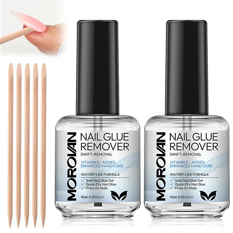 MOROVAN 2PCS 15ml Acetone-Free Nail Glue Remover Kit - Gentle Quick Removal Dissolver with Moisturizing Wipes for Press-Ons, Fake Adhesive, Adults (Moisturizes Gel Nails)