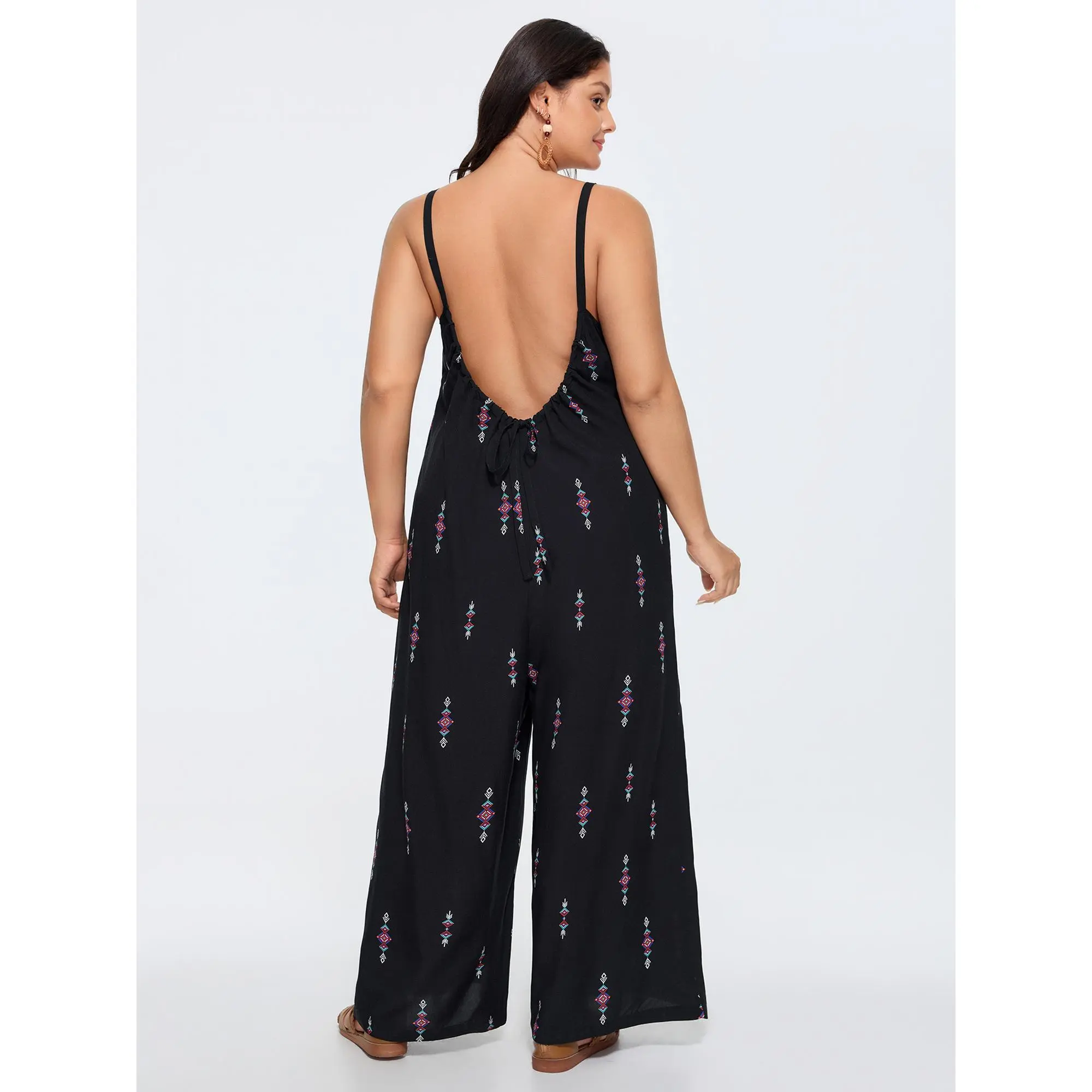 BloomChic Women's Plus Size 18-20/2X Geometric-Floral Print Rayon Overalls - Comfy, Soft, Wide Legs, Breathable Summer Jumpsuits with Pocket, Adjustable Tie Backless Drawstring, Low Iron [M-6X]
