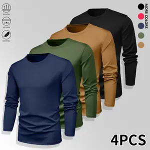 4-piece set of men’s solid-color long-sleeve fitness T-shirts—quick-drying, breathable tops designed to shape your physique; suitable for gym workouts, exercise, training, and running; ideal men’s long-sleeve shirts for fitness.