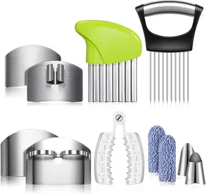 Stainless Steel 11-Piece Finger Guard Set for Cutting - Includes 4 Knife Protectors, 2 Thumb Guards, Finger Cots, Crinkle Cutter, Onion Holder & Mandoline Slicer - Kitchen, Utensils