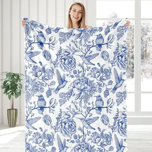 Flower and Bird Fuzzy Blanket, Flower Throwing Blanket, Floral Blanket, Blue and White Soft and Comfortable Flannel Blanket for Family Beds, Sofas, and Chairs