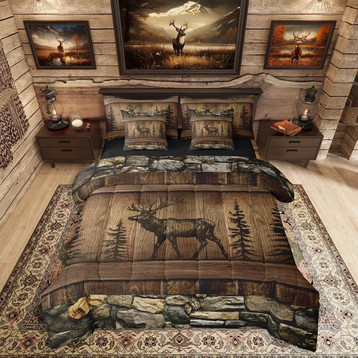 Deer Moose Bed in A Bag 7 Piece Rustic Cabin Lodge Comforter Set for Kids Adults Woodland Hunting Wildlife Animal Bedding Country Farmhouse Bedding Comforter Set,Brown