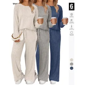 Womens Lounge Sets 2 Piece Matching Pajamas Fall Fashion 2026 Ribbed Knit Outfits Long Sleeve Casual Sweatsuits