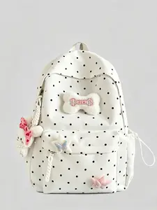 Sweet girl style atmosphere, fashionable retro texture, polka dot backpack with plush bones/stars/cartoon pendants, multi pocket design, reasonable separation, high-quality backpack, backpack/travel bag