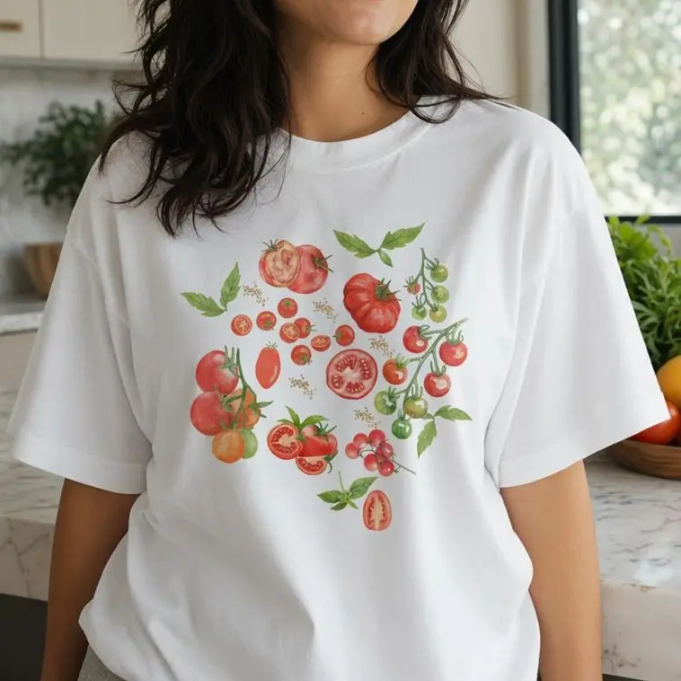 Women's Casual Vintage Watercolor Tomato Graphic Tee, Womenswear Botanical Vegetable Garden Top for Gardening, Plus Size T-shirt