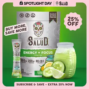 Salud 2-in-1 [Energy + Focus] Clean Energy Drink Mix, Agua Fresca,  Organic Caffeine, B6 & B12, L-Theanine, Drink Packets, Non-GMO, Gluten Free, Vegan, Low Calorie, 1g Sugar (15 Servings)