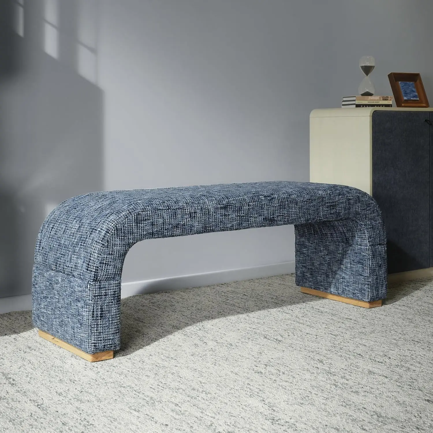 ModernMate Dione Curved Upholstered Cushioned Bench - Oeko-TEX Chenille Fabric, Plush Multi-Layer Foam, Curved U-Shaped Wooden Frame, Solid Rubberwood Base, Organic Modern Style, Harbor Depth Blue, for Bedroom, Natural Foundation, Assembly Required
