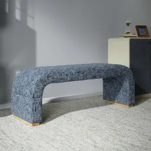ModernMate Dione Curved Upholstered Ottoman Bench – U-Shape, Oeko-TEX Chenille Fabric, Plush Multi-Layer Foam, Solid Rubberwood Base, Organic Modern Style for Bedroom Entryway, Harbor Depth Blue