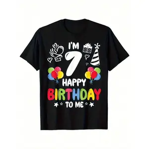 7-year-old boy cotton T-shirt - With the "Happy Birthday" pattern, featuring illustrations of balloons and a cake - Breathable, moisture-wicking round-neck children's T-shirt - Suitable for boys throughout the seasons| Birthday celebration T-shirt
