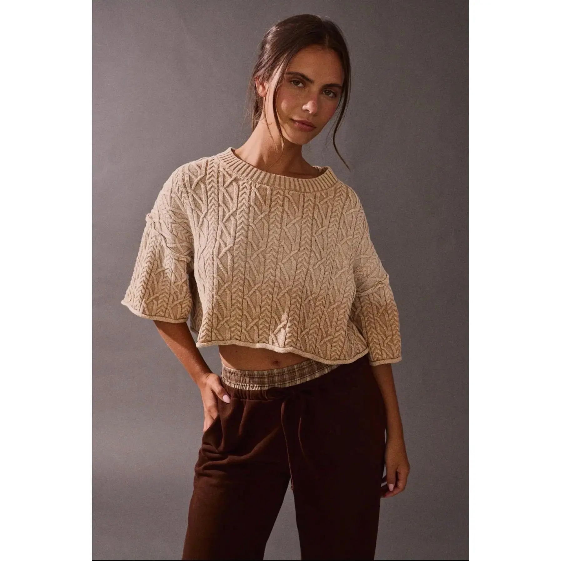 Taupe Cable Knit Crop Sweater