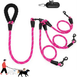 No-Tangle 3-Dog Leash - Main Lead Rope with Padded Handle,Three Detachable Leash Splitters, Heavy-Duty Clip,Dual leash,For Walking, Running, Small, Medium, Large Dogs reflective outdoor hiking pet flexi jog hike durable bungee hand made gear comfort grip