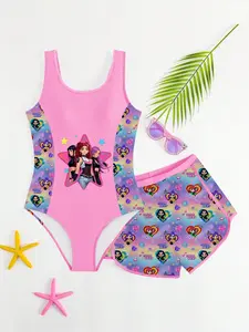 Girls' Cool Mech Cartoon Swimsuit Set, Gradient Rainbow Tank Top & Swim Pants, Beach Swimming Suit, Cute Style