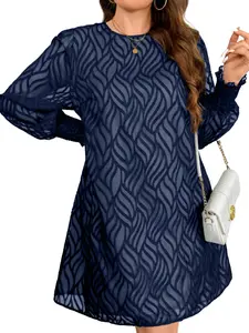 Plus Size Wave Pattern Sheer Loose Fit Long Sleeve Dress, Sweet Cool Punk Style, with Lining, Casual Summer Fashion