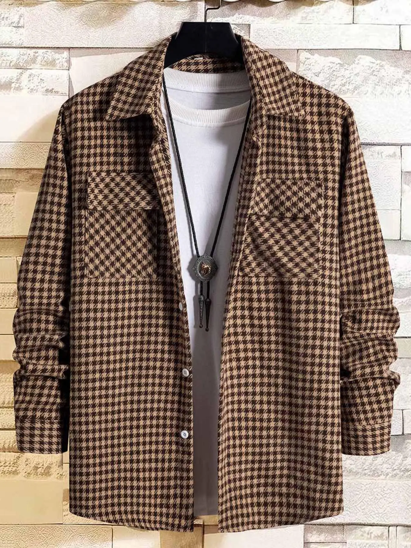 Men's Houndstooth Print Button Front Pocket Shirt, Regular Fit Casual Long Sleeve Collared Top for Fall & Winter, Men's Clothes for Daily Wear, Casual Buttons Collared Menswear