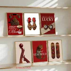 6-Piece Set: Trendy Red Vibrant Canvas Art Leopard Artwork Leopard-Print Canvas Wall Art Cool Lucky 8 Ball Poster Mix-and-Match Cheetah Academic Style Painting Girls' Dormitory Apartment Living Room Home Decor Frameless Design