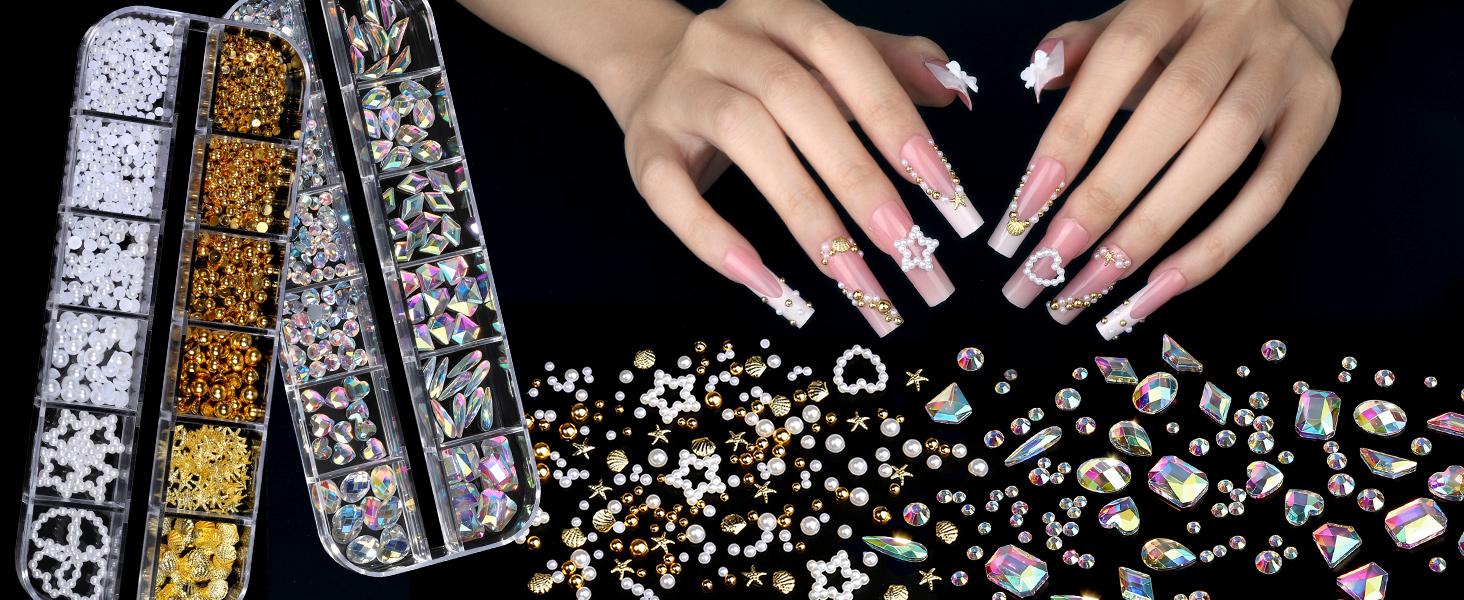 4 Boxes Nail Charms and Gems Set, Nail Rhinestones Nail Kit with Nail Art Brushes Nail Stand, Nail Gems Nail Design Tools with 15pcs Nail Stickers, Gold Nail Pearls for Women Nail Decorations