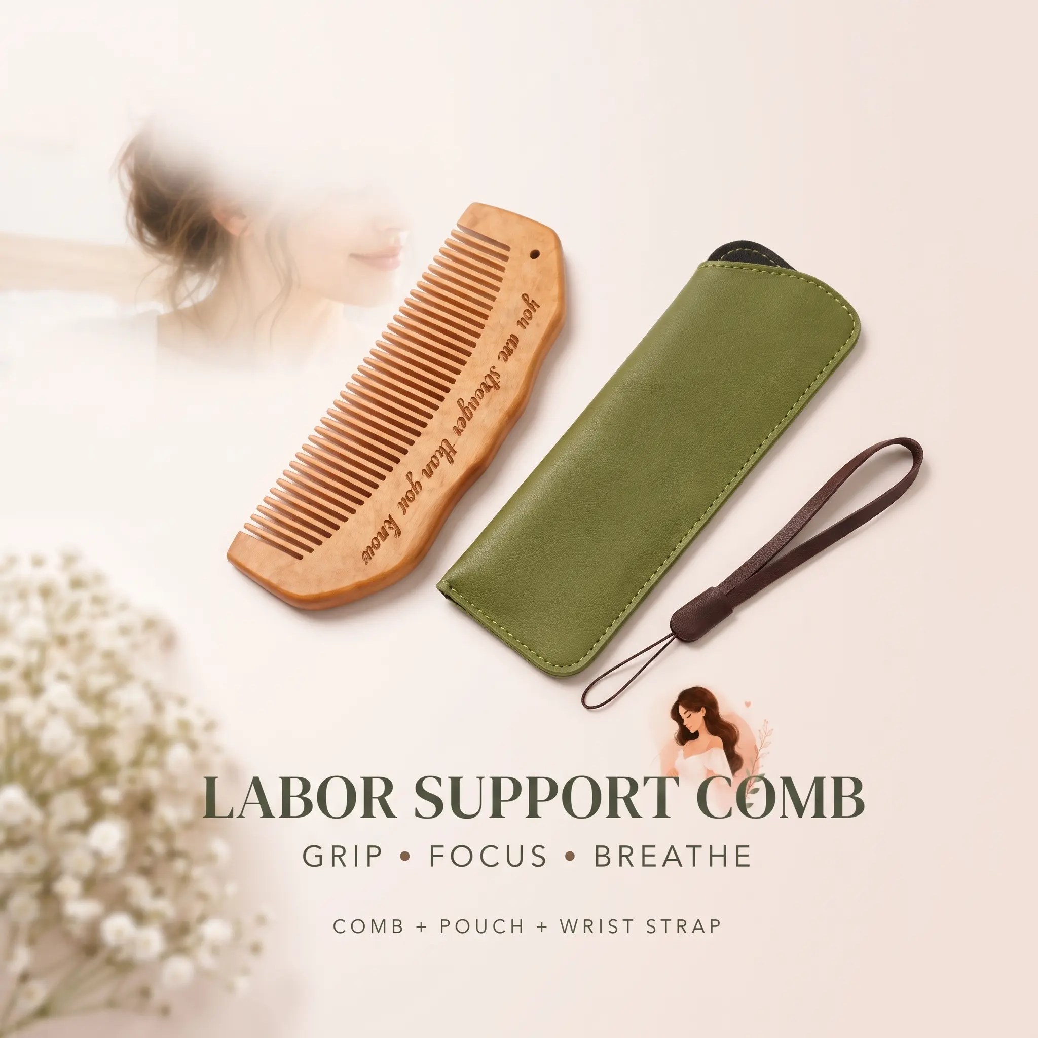 Labor Comb for Labor & Delivery, Wooden Birth Comb with Curved Easy-Grip Design, Portable Labor Support Tool for Pregnancy, Hospital Bag Essential, Baby Shower Gift for Mom-to-Be