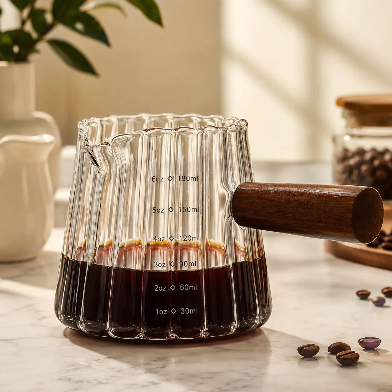 6-oz/180ml Glass Espresso Measuring Cup with Wooden Handle - Sturdy Elegant Wood-Glass Kitchenware for Coffee, Tea Prep