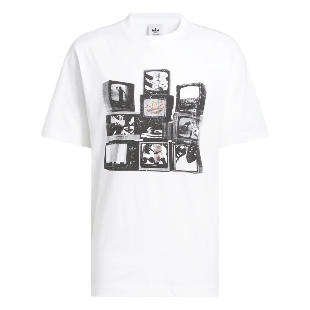 adidas Mens Vintage Tv Graphic Crew Neck Short Sleeve Casual Tops Casual - White