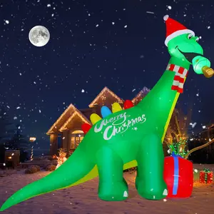 GOOSH 11.8 FT Christmas Inflatables Dinosaur Outdoor Decorations Blow Up Yard Giant Green Dinosaur and Red Gift Box with Built-in LEDs