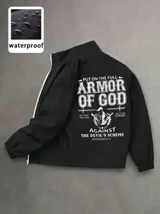Unisex Waterproof Stand Collar Jacket, Streetwear Religion Slogan Print, Urban Functional Style, Comfortable Versatile Outerwear