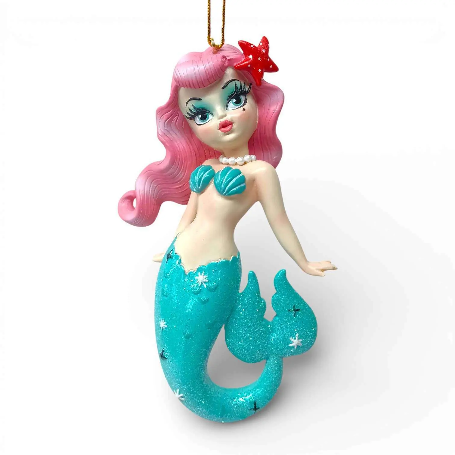 Miss Fluff December Diamonds 5.5" Pink Hair Baby Doll Mermaid Ornament, Retro Christmas Tree Decor, Holiday Gift for Home Decor Displays, Girl