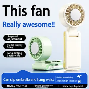 5-in-1 Portable Mini Fan | 5-Speed, Digital Display, 180° Rotation | Clip on Umbrella, Waist, Desk, Handheld | Rechargeable Personal Cooling Fan