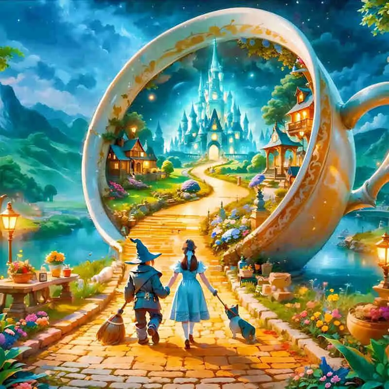 Fantasy Tea Cup Castle Full Drill Diamond Painting Kit Magical Design with Shimmering Giant Cup and Yellow Brick Road Accents Fairy Tale Landscape Art Style DIY Art Handicraft For Home Wall Decor Ideal Gift For Fantasy Movie And Craft Enthusiasts
