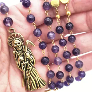 Handmade Santa Muerte Rosary. Rosario de La Santisima Muerte Curada. Holy Death Amulet Talisman Prosperity Amethyst Lotus Stone Prayer Beads