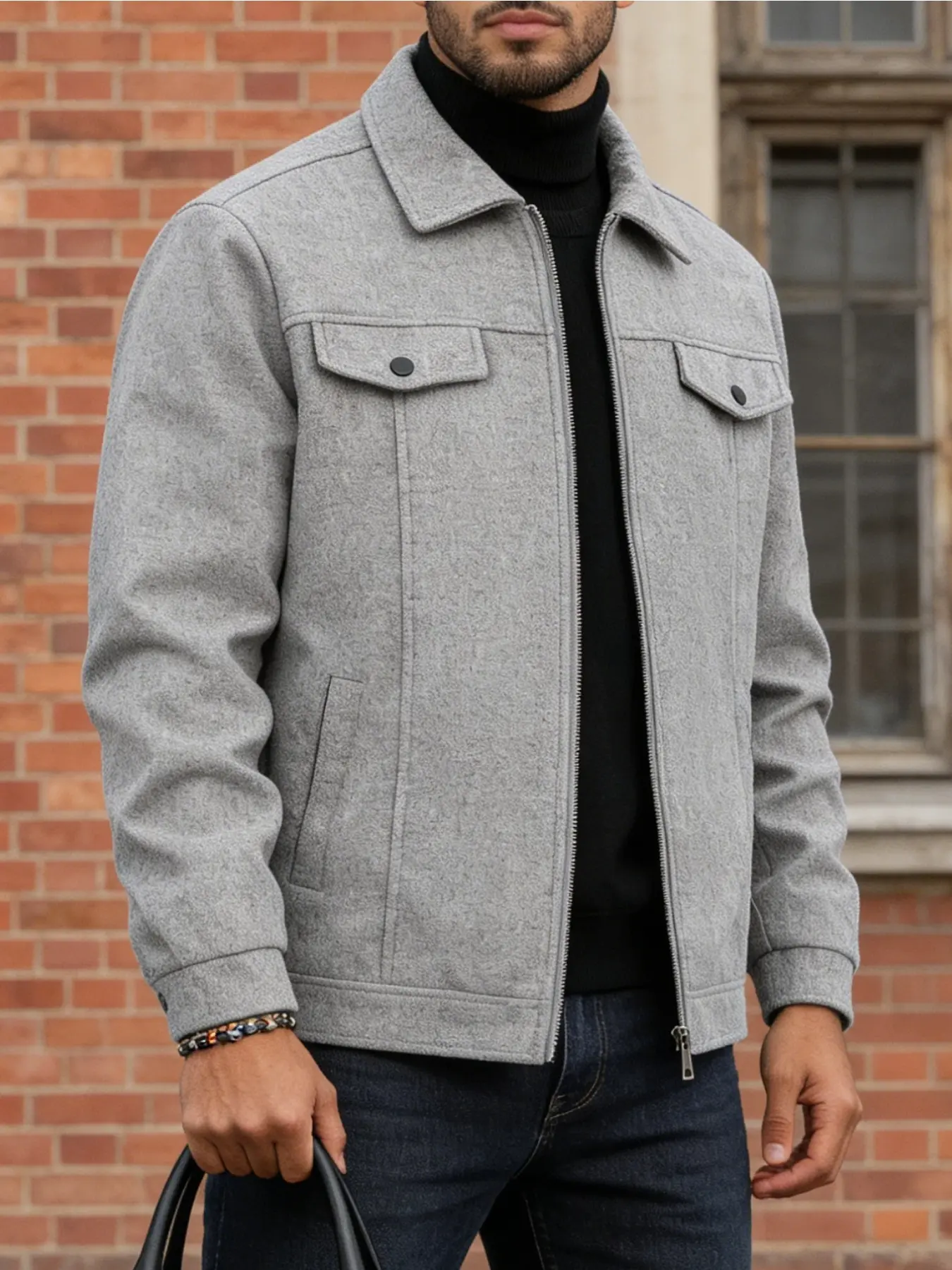 Men's workwear casual jacket, chest pocket decoration - lapel design, simple light business style jacket, woolen wear-resistant fabric, suitable for daily, outdoor leisure and formal wear - spring/autumn/winter