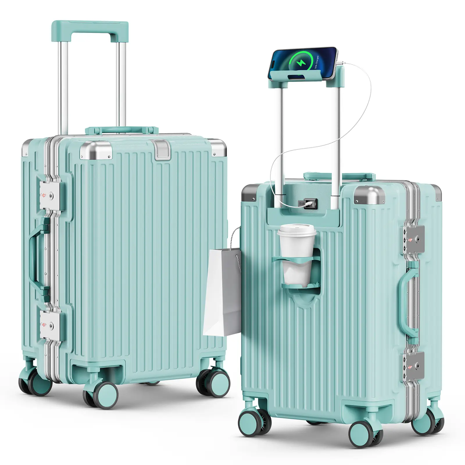 20-Inch Compact Hybrid Carry-on Luggage with Wheels, Zipperless ABS+PC Hardside Suitcase with Aluminum Frame, USB Port, TSA Lock, Cup & Phone Holder, Zipperless Luggage, Business Trip Luggage