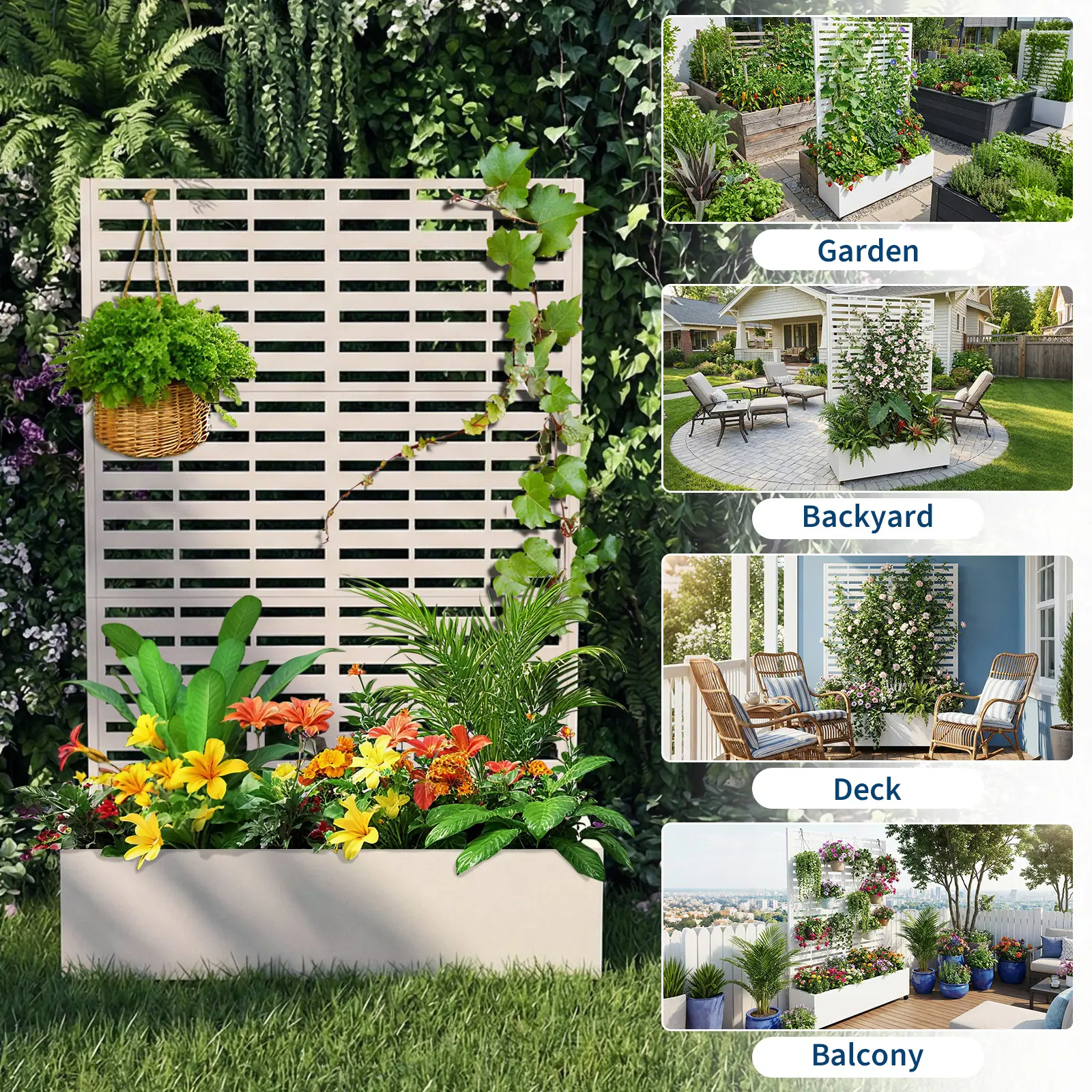 Metal Planter Box with Trellis and Wheels, 71.5"X47"X16" Raised Garden Bed for Patio, Outdoor Privacy Planters with Drainage Holes for Climbing Plants, Flowers, Vegetables, Vines