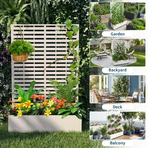 Metal Planter Box with Trellis and Wheels, 71.5"X47"X16" Raised Garden Bed for Patio, Outdoor Privacy Planters with Drainage Holes for Climbing Plants, Flowers, Vegetables, Vines