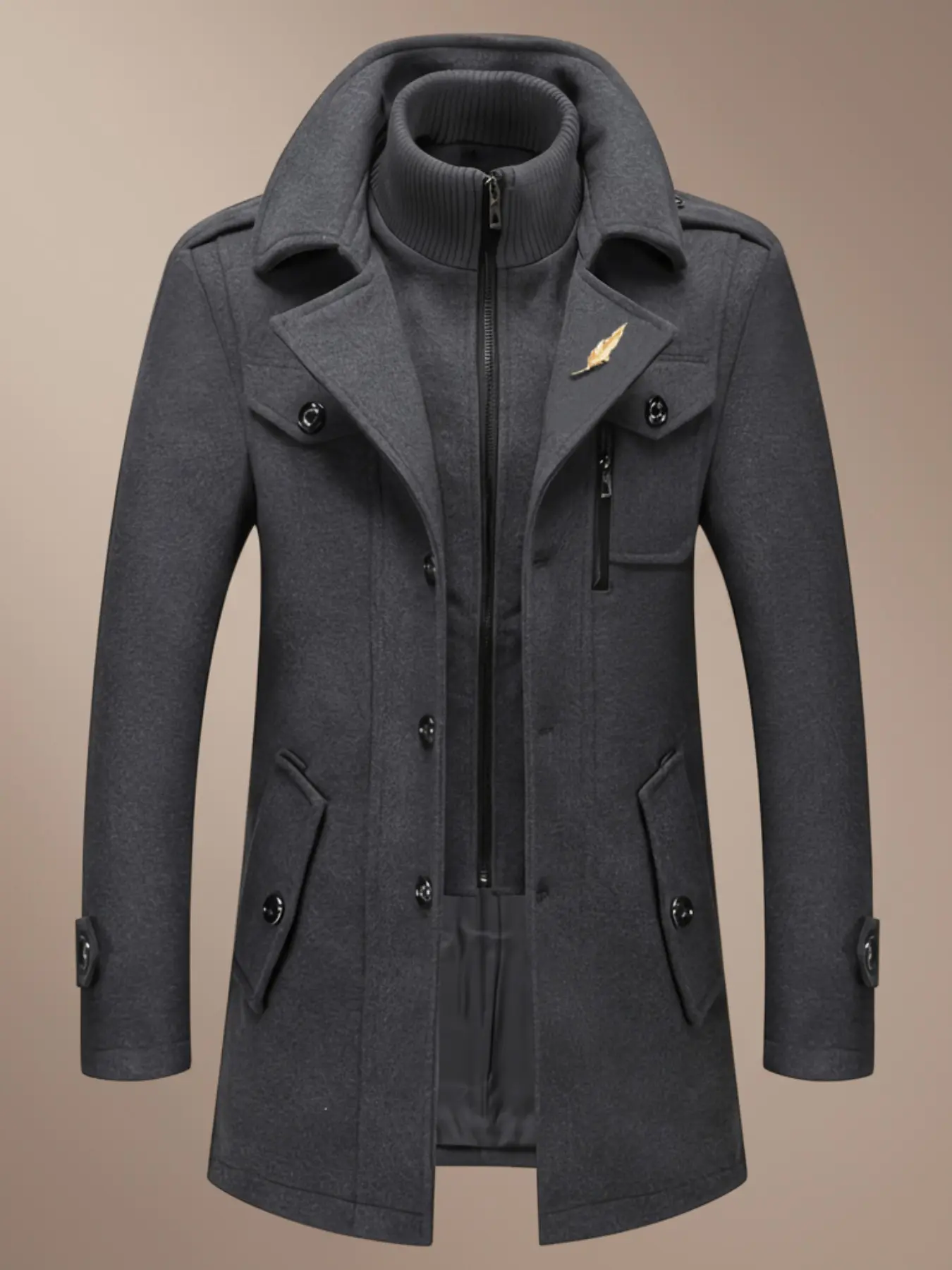 Men's Fashion Double Collar Mixed Fiber Long Coat, Zipper and Pocket Design, Warm and Durable, Suitable for Business or Casual Autumn/Winter, Casual Fashionable Jacket