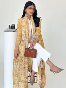 Miyake Arabic Style Women's Abaya, Ethnic Pattern Baroque Open Front Coat, Long Sleeved Fashion for All Seasons, Perfect for Ramadan and Parties